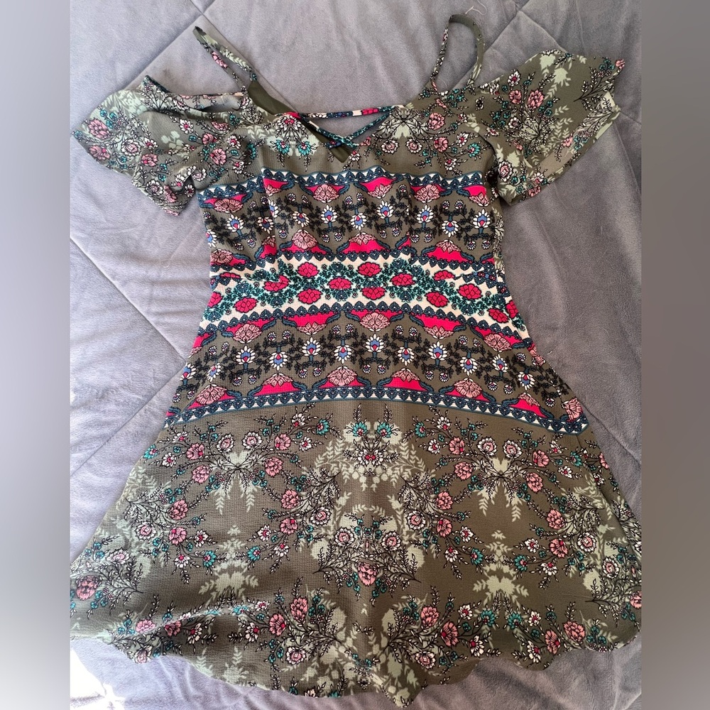 Teeze Me flare sleeve Dress in Olive and Pink Floral